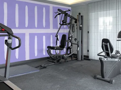 A home gym with exercise machines against a striped painted wall