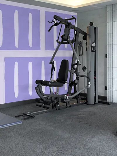 A home gym with exercise machines against a striped painted wall