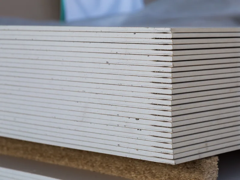 The cut edges of a stack of gypsum panels seen close up