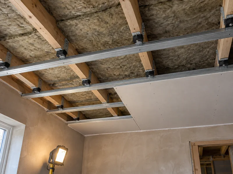 Resilient channel screwed across ceiling joists over mineral wool batts