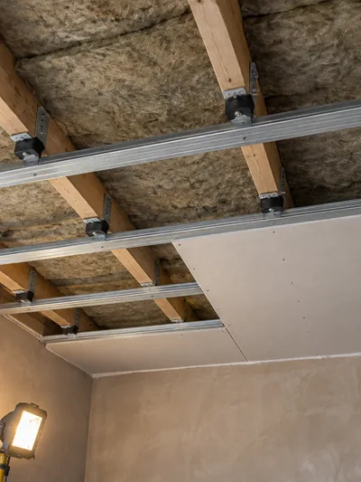 Resilient channel screwed across ceiling joists over mineral wool batts