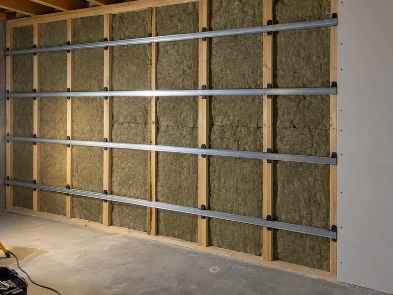 A wall build-up of mineral wool batts behind horizontal resilient channel