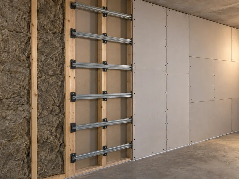 A wall stepped back to show wool, channel and two board layers in one view