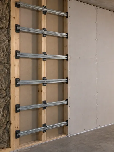 A wall stepped back to show wool, channel and two board layers in one view
