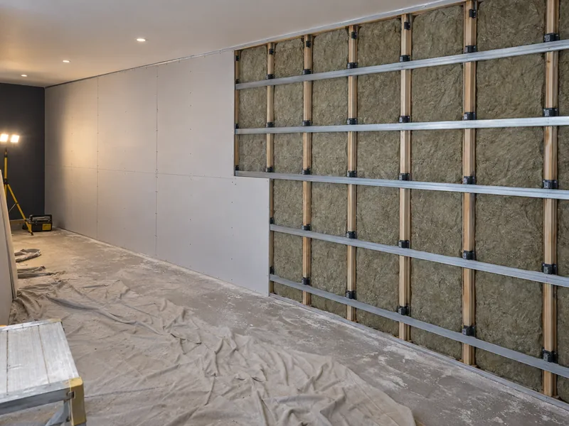 A long run of resilient channel and mineral wool along one side of a room