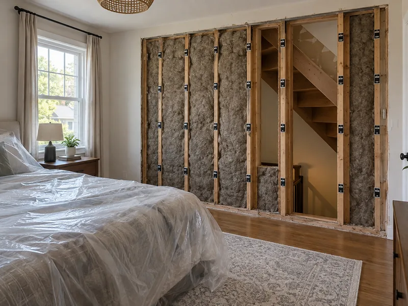 A finished bedroom wall opened to bare studs and insulation beside a stairwell