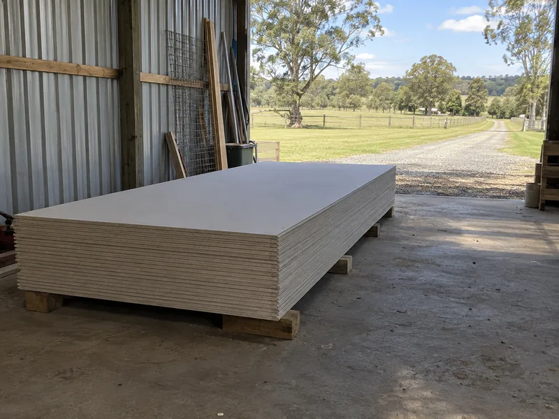 A stack of gypsum board laid flat on bearers inside an open-sided shed, pasture and a gravel drive beyond