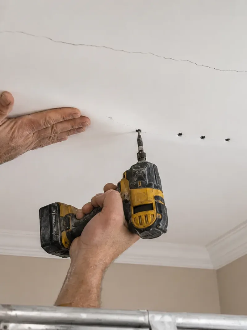 Re-screwing a cracked ceiling panel back to the framing