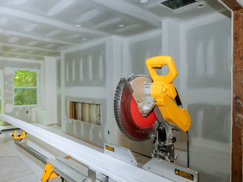 A mitre saw set up on a run of base moulding in a freshly boarded room