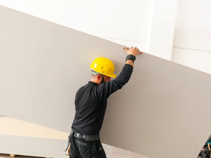 A worker carrying a full sheet edge-on across a site