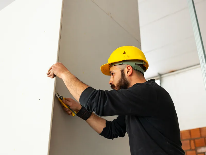 A worker scoring a panel held upright against a brick wall