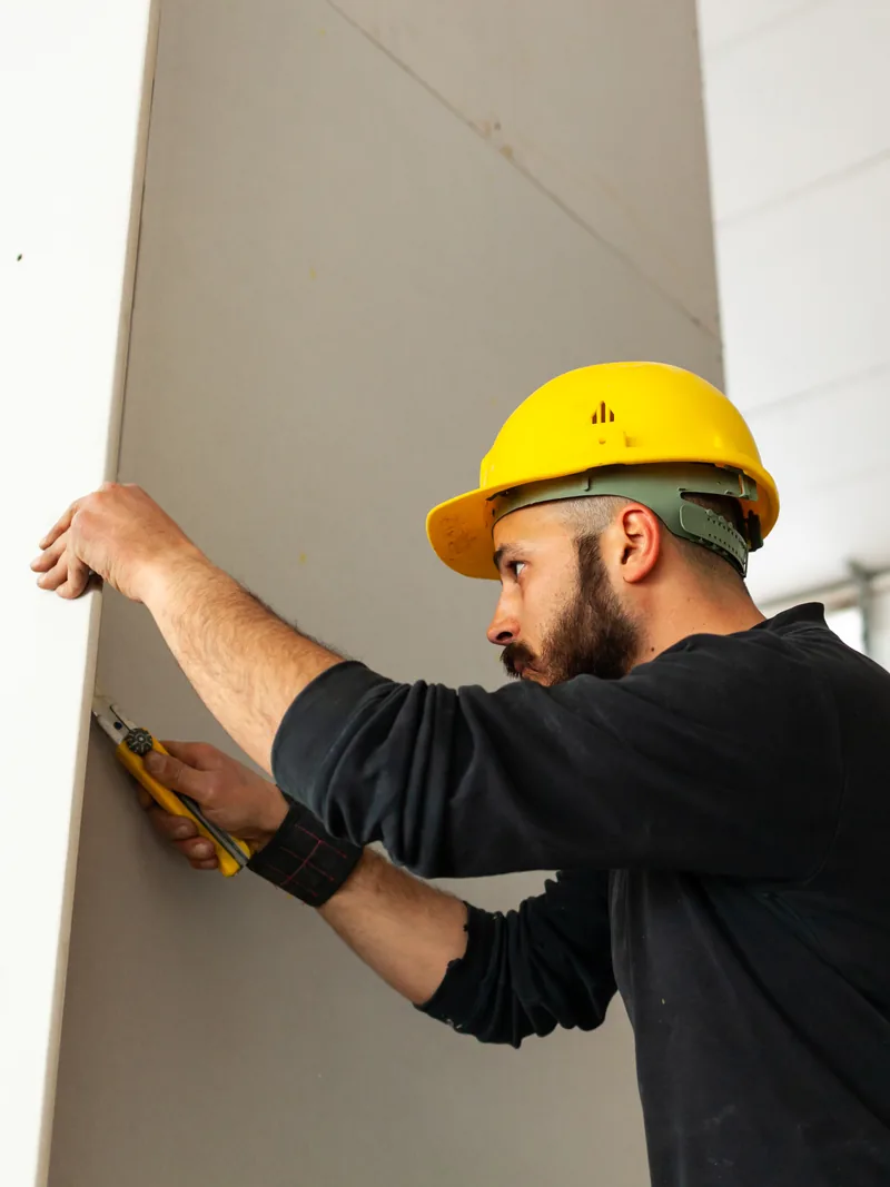 A worker scoring a panel held upright against a brick wall