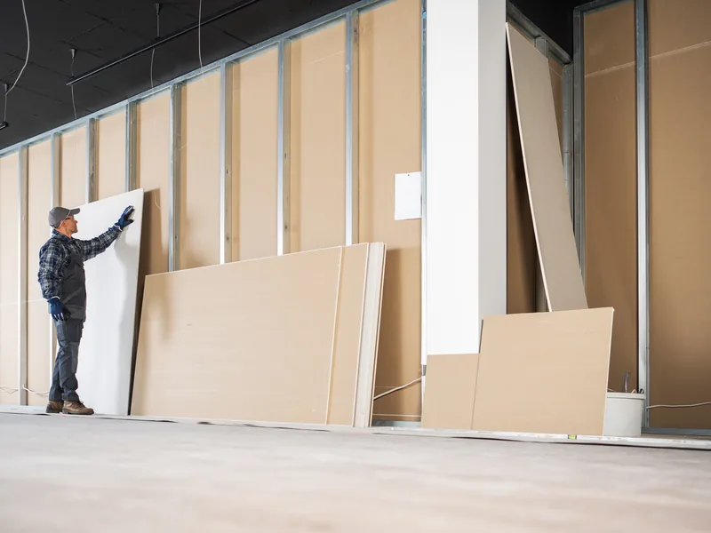 A long steel-framed commercial space with panels stacked ready to hang