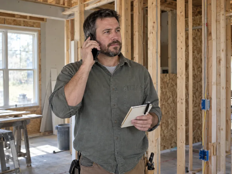 A contractor taking a call in an unfinished room with an open notepad in his other hand
