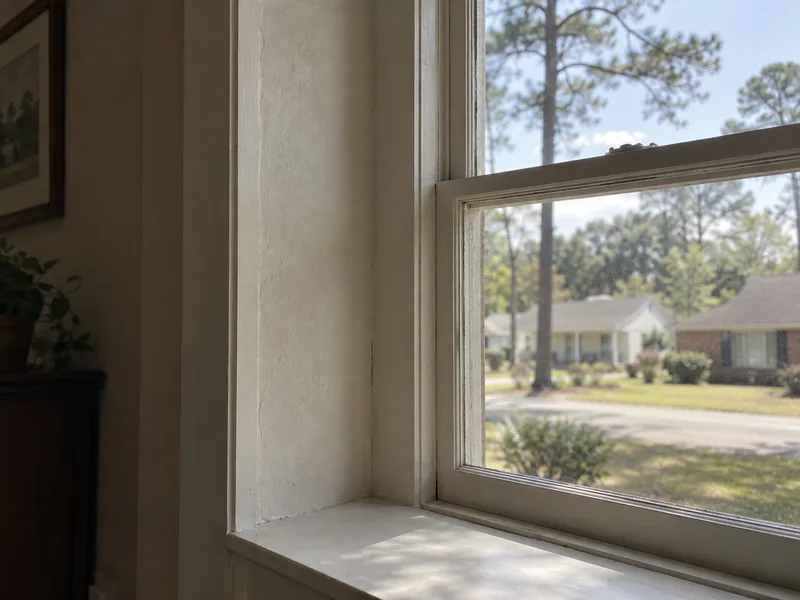 A deep plaster window reveal in an older house with moulded timber casing meeting the wall at its edge