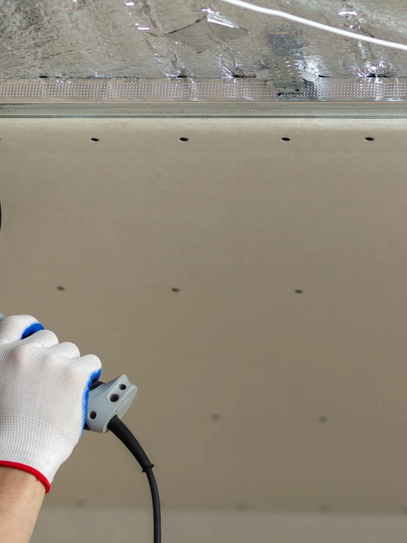 A cordless drill setting a screw into a ceiling panel