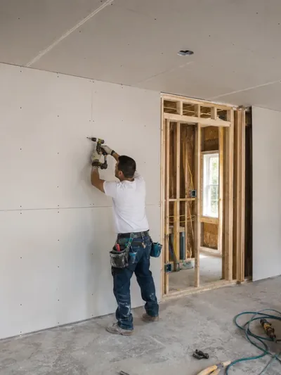 Crew screwing off drywall panels on a wood-framed interior wall