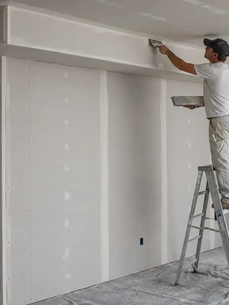 Finisher coating a gypsum-board soffit box along the ceiling