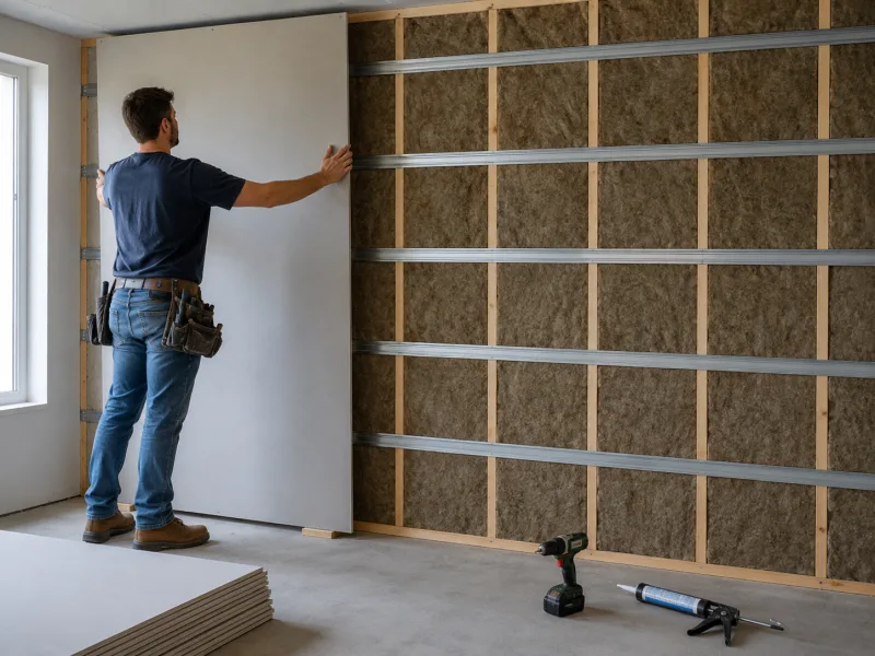 Installer setting drywall over resilient channel and mineral wool insulation