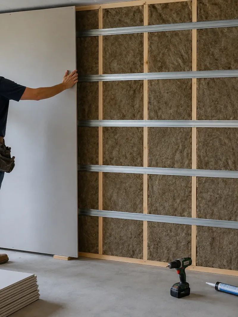 Installer setting drywall over resilient channel and mineral wool insulation