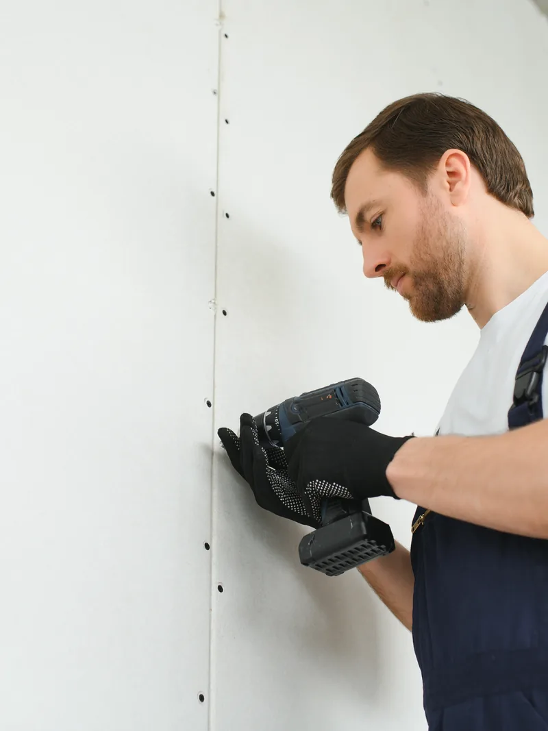 A worker running a rasp along the cut edge of a panel held against the wall