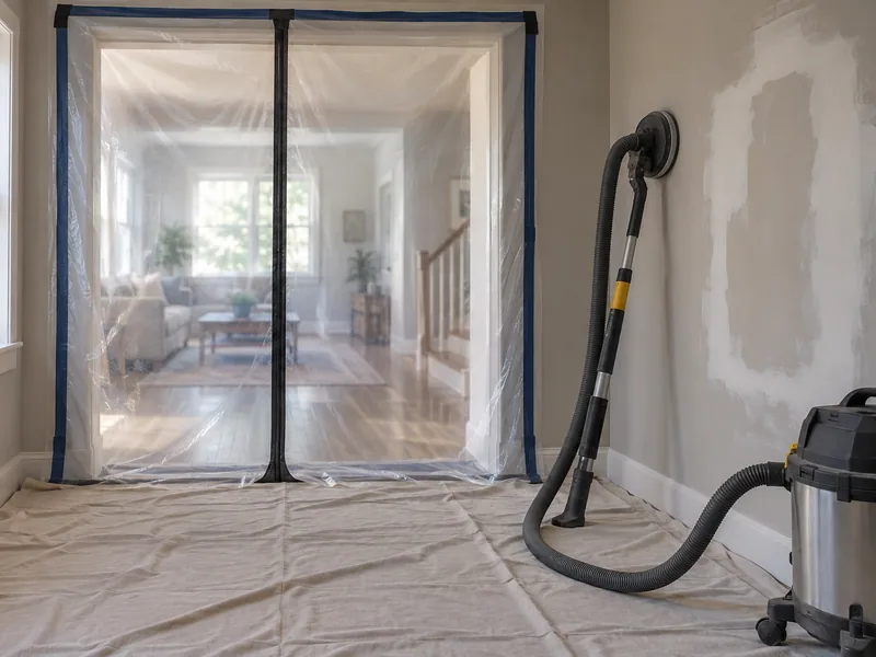 A zip-wall dust barrier across a doorway with a vacuum standing on the covered floor