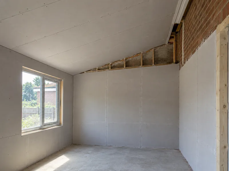A former carport newly boarded as a room, its sloped new ceiling meeting the taller house wall