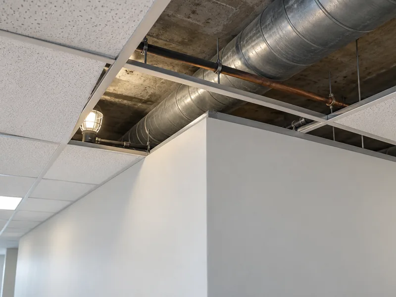 A partition stopping at a suspended ceiling with open duct space above it