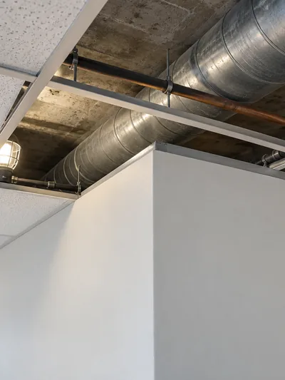 A partition stopping at a suspended ceiling with open duct space above it