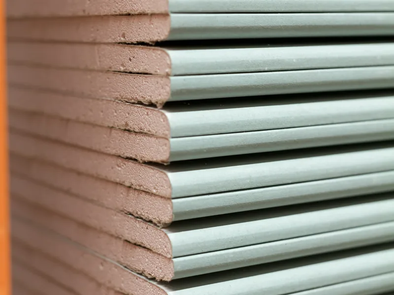 A stack of green-faced moisture-resistant panels seen end-on