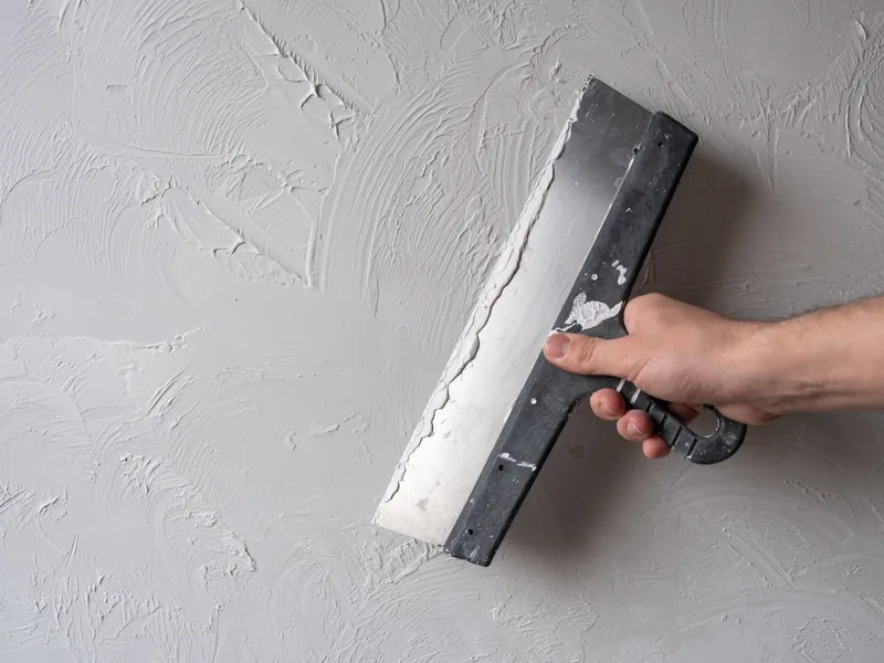 A knife drawn across a wall that already carries a hand-applied texture