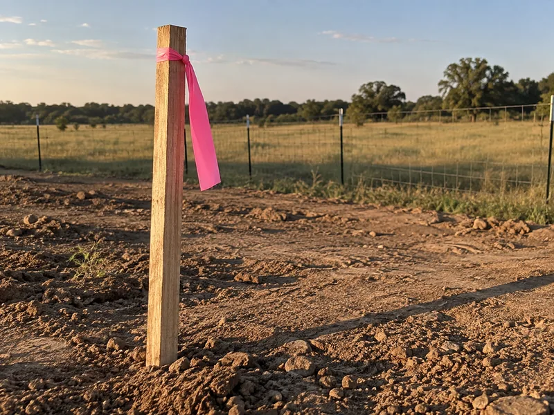 A wooden surveyor's stake in bare earth with flagging tape knotted near the top, a wire fence and pasture behind