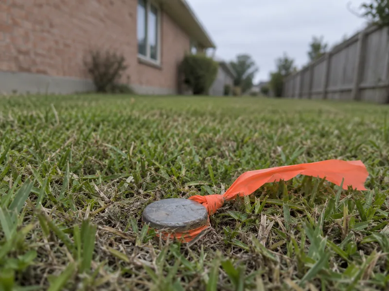 A metal survey marker set flush in mown grass with orange ribbon tied to it, a brick house and fence beyond