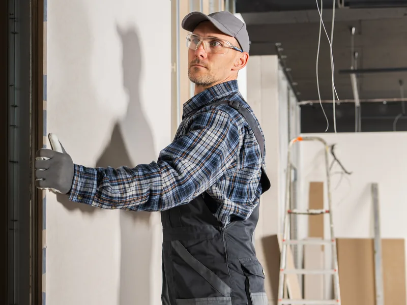 A worker drawing a knife up a wall beside a dark opening