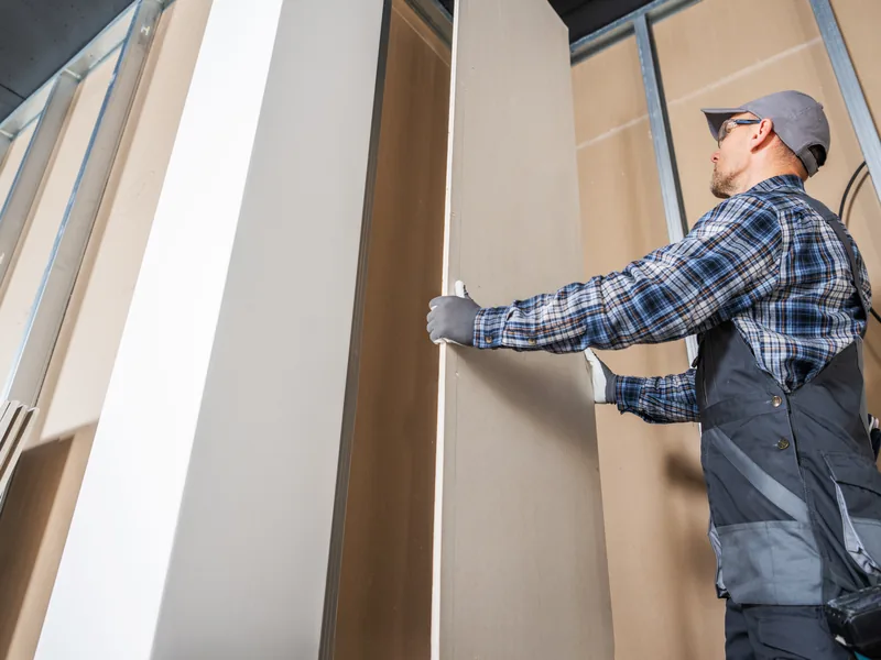 A worker holding a panel to the wall at an external corner