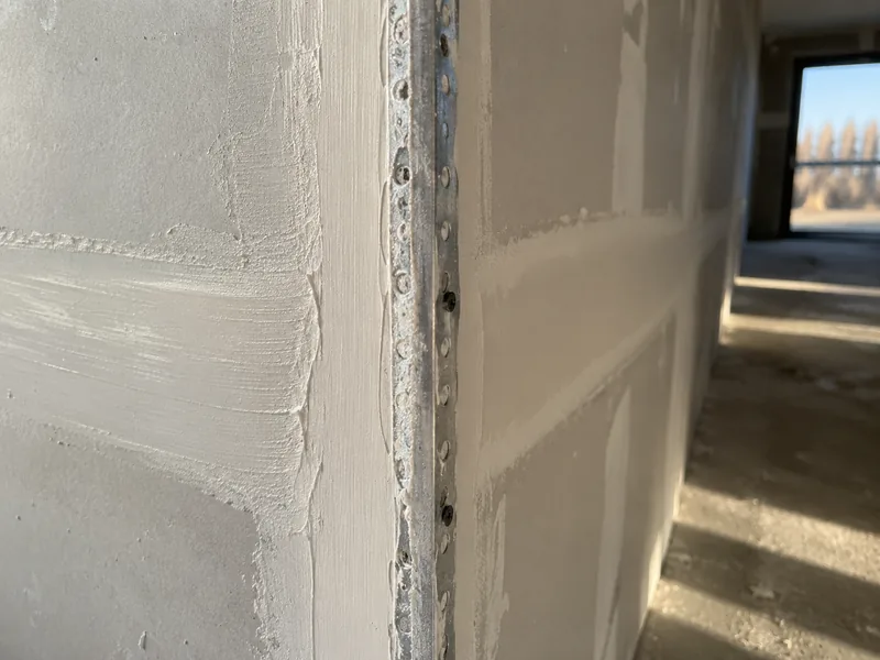 Metal corner bead nailed to a drywall outside corner with the first coat of compound feathered over one side