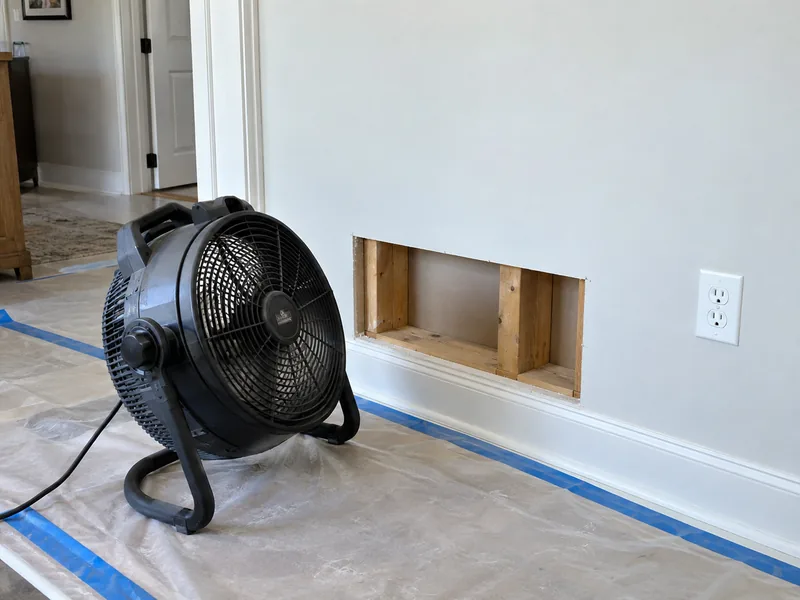 A section of drywall cut away at a wall base with a fan drying the clean pale timber in the open stud bay
