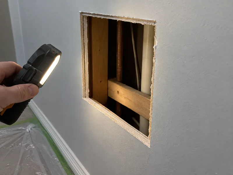 A small rectangular opening cut in a painted wall with a work light held to it, framing visible inside