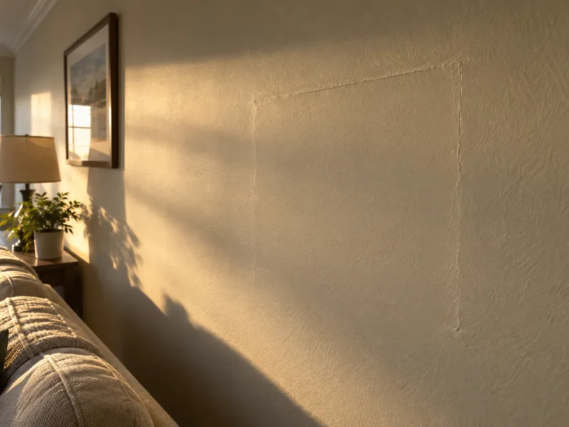 The rectangular outline of an old patch showing through the paint in low light