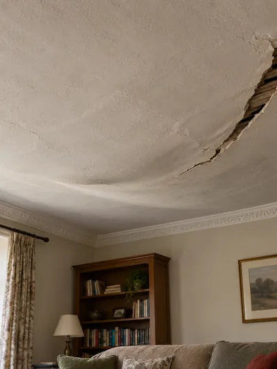 A wide crack and a sagging section in the plaster ceiling of a furnished room