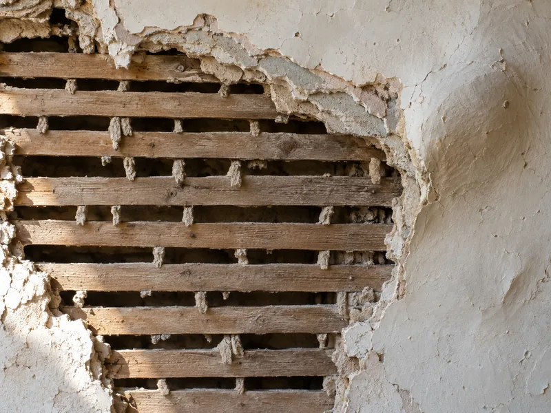 Plaster broken away from a wall to expose the wood lath behind it