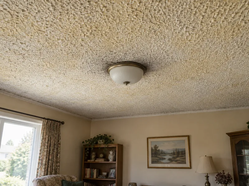 A yellowed popcorn ceiling above a furnished room with a dome light