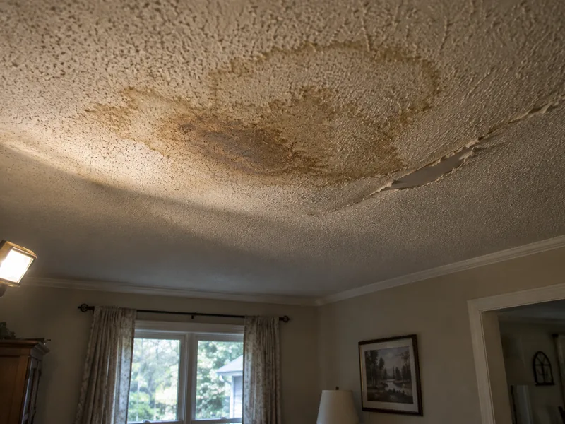 A brown water stain spreading across a popcorn ceiling around a sagging patch