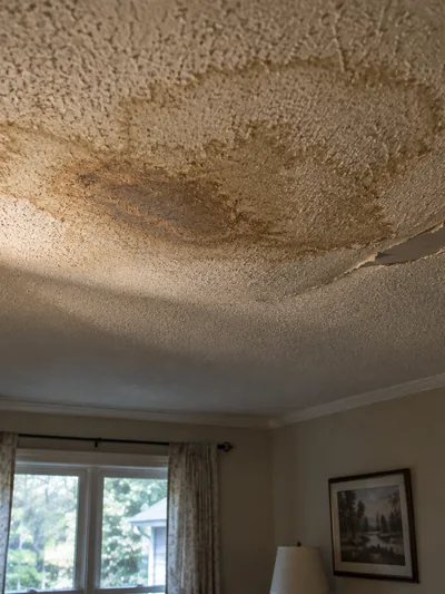 A brown water stain spreading across a popcorn ceiling around a sagging patch