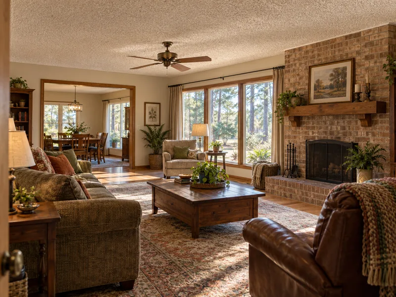 A popcorn ceiling over an older living room with a brick fireplace and ceiling fan