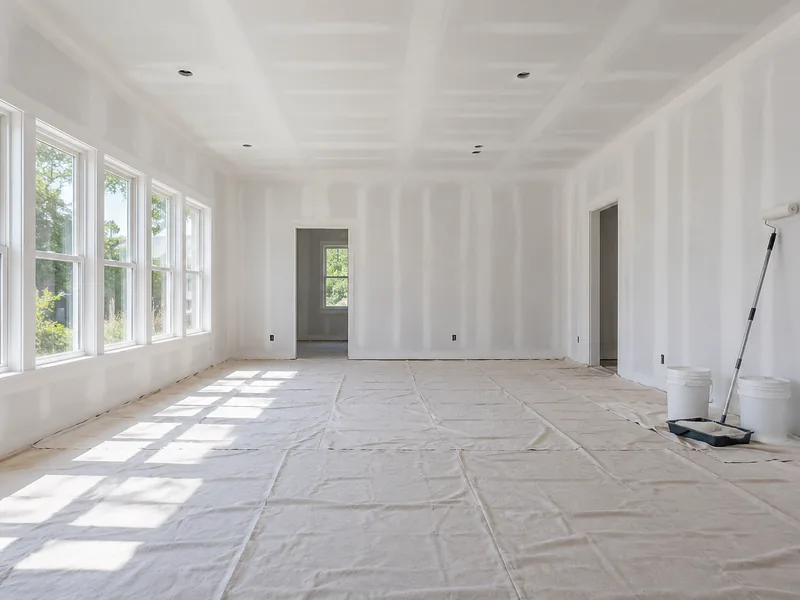 A large room rolled out in primer with the floor sheeted end to end