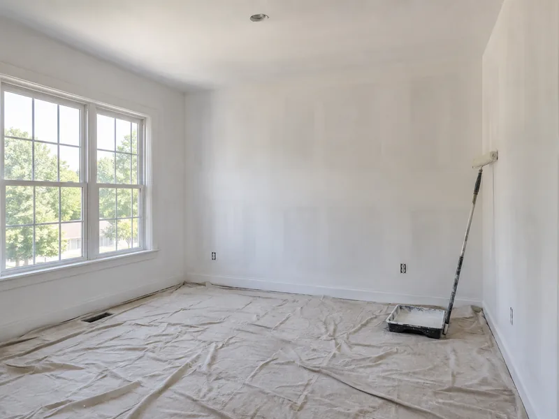 A primed room with a roller on its pole resting against the covered floor