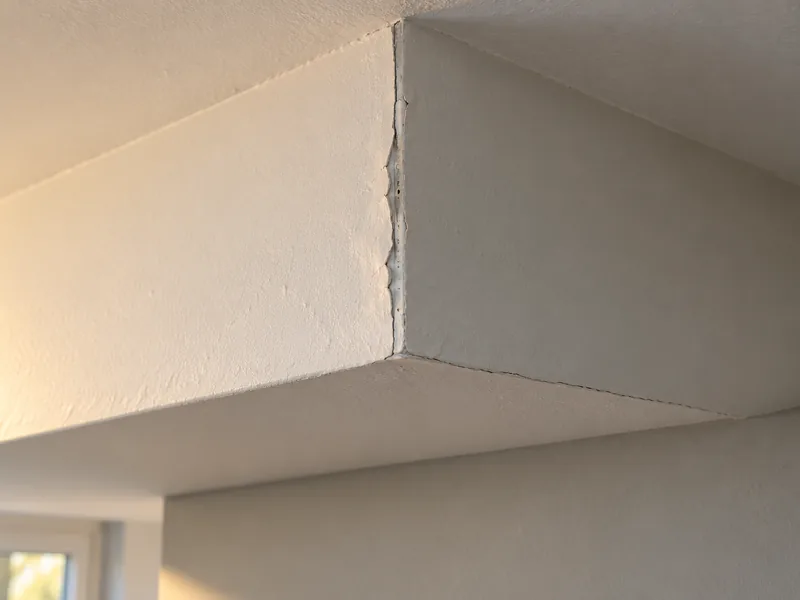 A cracked and flaking corner bead along the edge of a ceiling bulkhead