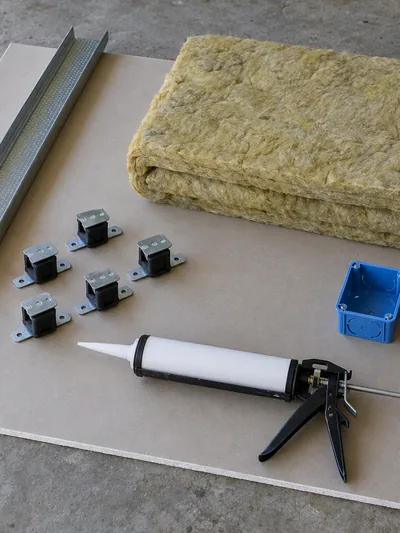 Resilient channel, clips, a mineral wool batt, sealant and tape laid out together
