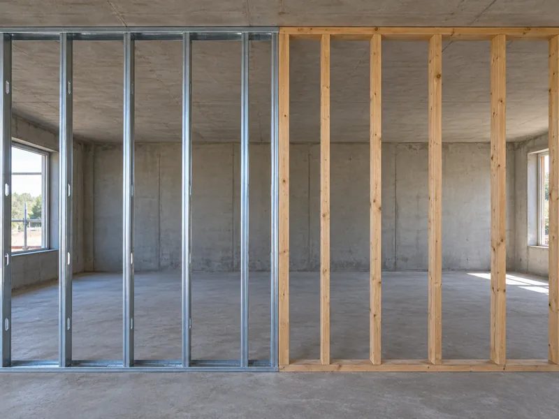 Steel framing and timber framing standing side by side in the same wall run